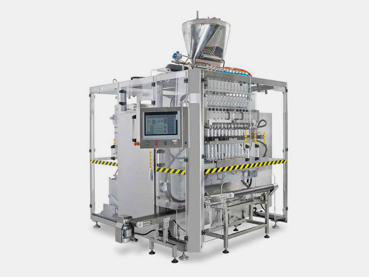 Multi-lane special shapes bag sauce packing machine with piston fillers