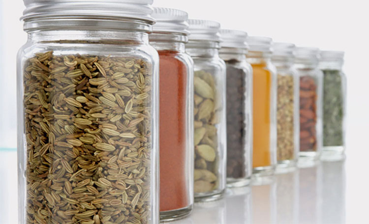 Various spices in bottles